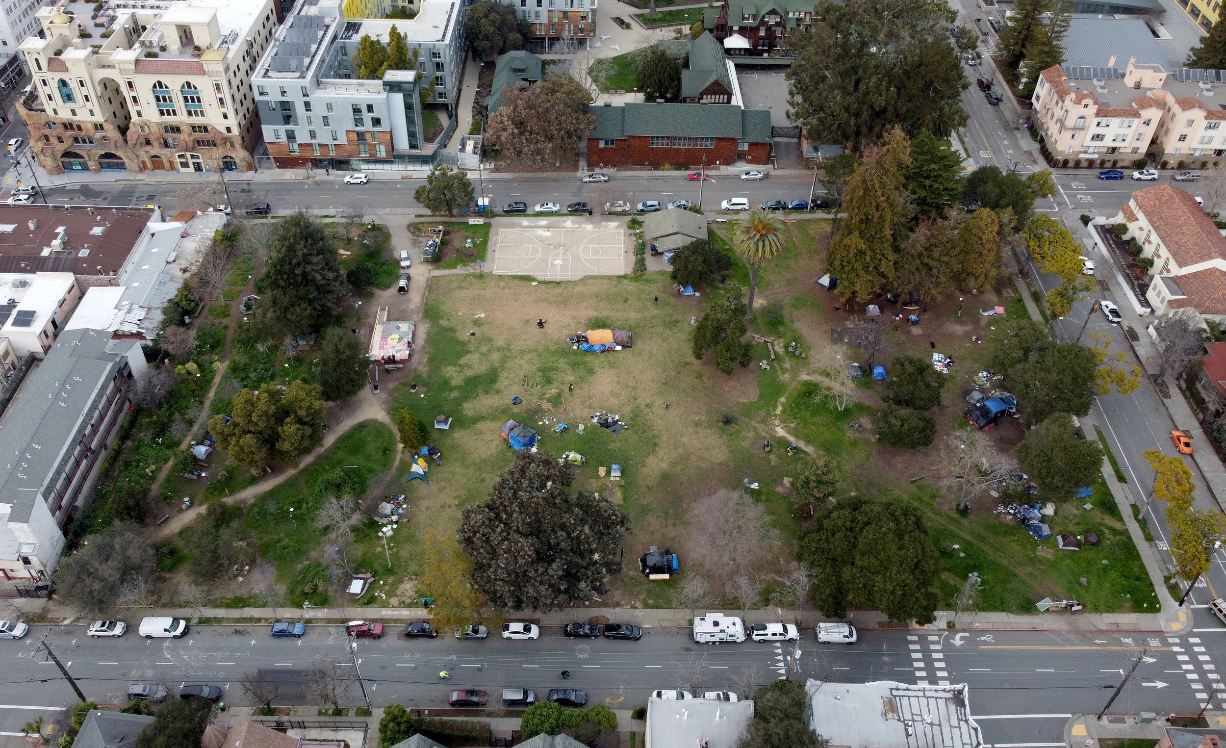 Homeless tents are seen in People's Park from this drone view in Berkeley, Calif., on Feb. 9, 2021.  (/Digital First Media/East Bay Times via Getty Images)